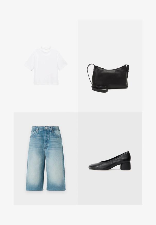 Tricou alb din bumbac, cu mânecă scurtă și guler rotund. Design simplu, croială lejeră, textură fină. Nu sunt vizibile modele sau accente.; Pantaloni scurți din denim de culoare albastră deschisă, cu un aspect decolorat. Prezintă un design drept, cu picioare largi și margini destrămate, având buzunare atât în față, cât și în spate.; Pantofii din piele neagră au un vârf rotund și un toc de tip bloc de înălțime medie. Au o textură netedă, cu detalii minime, având o deschidere elastică subtilă.; Geantă de umăr din piele neagră, cu o textură netedă, formă curbată, curea ajustabilă și închidere cu fermoar. Design minimalist, fără embellishments.