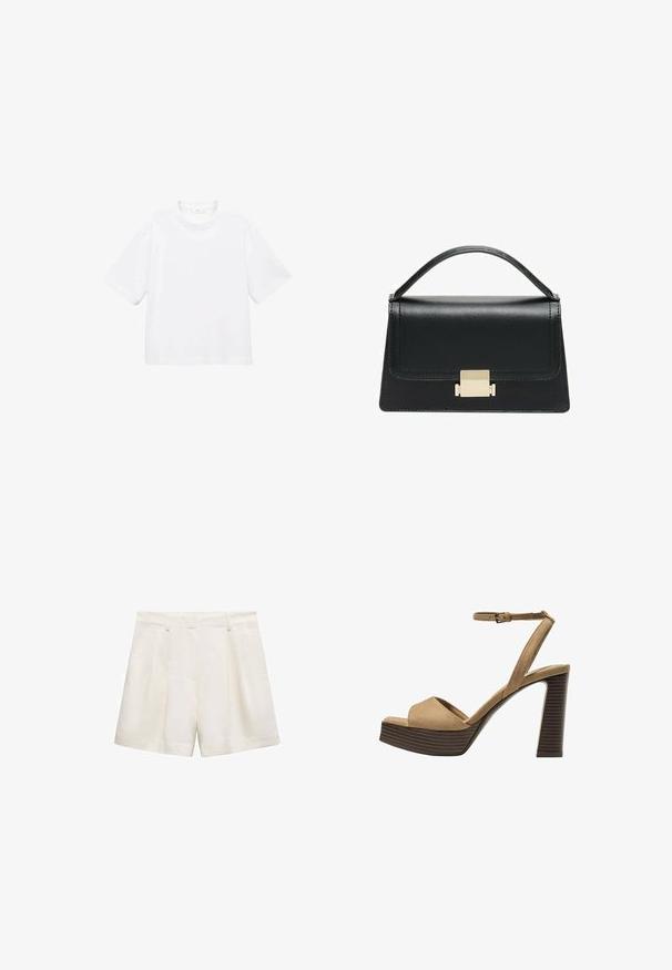Weißes Baumwoll-T-Shirt mit kurzen Ärmeln und rundem Ausschnitt. Einfaches Design, lockere Passform, glatte Textur. Keine Muster oder Verzierungen sichtbar.; Weiße Shorts aus glattem Stoff mit einem plissierten Design, seitlichen Taschen und einem Saum, der knapp über dem Knie endet.; Beige Wildleder-Pumps mit hohem Absatz, breitem Vorderband und Knöchelriemen, ausgestattet mit einem klobigen Holzblockabsatz mit strukturiertem Finish.; Schwarze Lederhandtasche mit strukturiertem Design, oberem Griff und einem goldenen Metallschnappverschluss auf der Vorderseite. Glatte Textur, minimale Nähte.