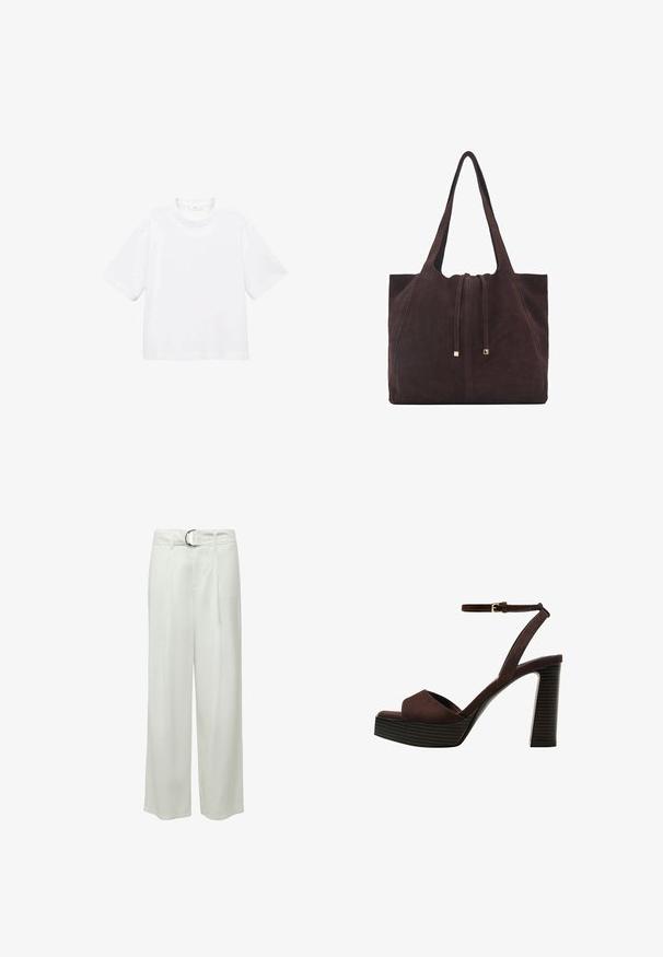 Witte katoenen t-shirt met korte mouwen en een ronde hals. Eenvoudig ontwerp, losse pasvorm, gladde textuur. Geen patronen of accenten zichtbaar.; Witte wijde broek met een stevige textuur, voorzien van voorplooien en een zilveren ronde gespriem. Geen zichtbare zakken.; Bruine suède high-heeled sandaal met een open teen, verstelbare enkelband en een gestreepte plateauzool.; Mango Shopper - dark brown