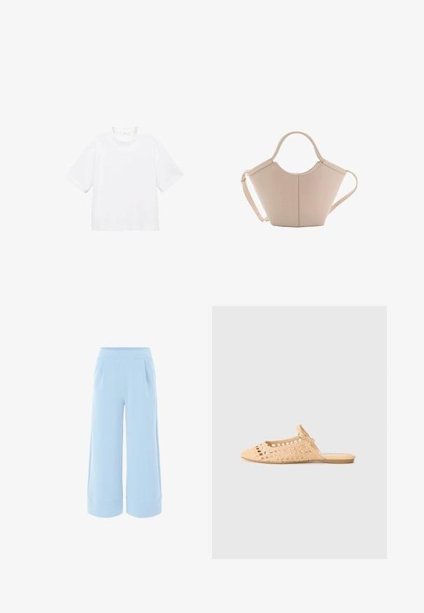 Weißes Baumwoll-T-Shirt mit kurzen Ärmeln und rundem Ausschnitt. Einfaches Design, lockere Passform, glatte Textur. Keine Muster oder Verzierungen sichtbar.; Helles blauweite Hosen mit glatter Textur, elastischem Bund und aufgerolltem Saum. Verfügt über zwei vordere Falten für zusätzliche Details.; Beige gehäkelter Slipper mit spitzer Zehe, offenen Seiten und einem Knöchelriemen mit einer Metall-Schnalle. Flache Sohle.; Beige Lederhandtasche mit einer einzigartigen Form, die zwei kurze Henkel und einen langen verstellbaren Riemen aufweist. Glatte Textur mit minimalen Hardware-Elementen.