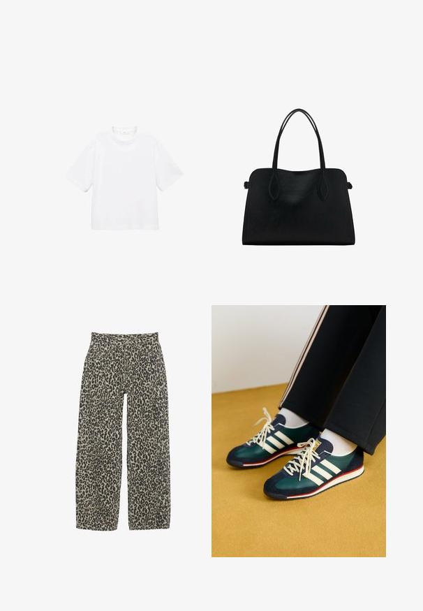 Bijela pamučna majica kratkih rukava s okruglim izrezom. Jednostavan dizajn, slobodan kroj, glatka tekstura. Nema vidljivih uzoraka ili akcenta.; Hlače širokih nogavica s leopardovim vzorcem v nevtralni bež in črni barvni shemi. Imajo visok pas, pet žepov in gumbasto zapiranje.; Zelene suede i mrežaste tenisice s bijelim prugama i crvenim naglascima. Imaju ravni potplat i okrugli vrh, vezane su kremastim vezicama.; Crna kožna torba s dvostrukim naramenicama, pravokutnog oblika i minimalističkim dizajnom na bijeloj pozadini.