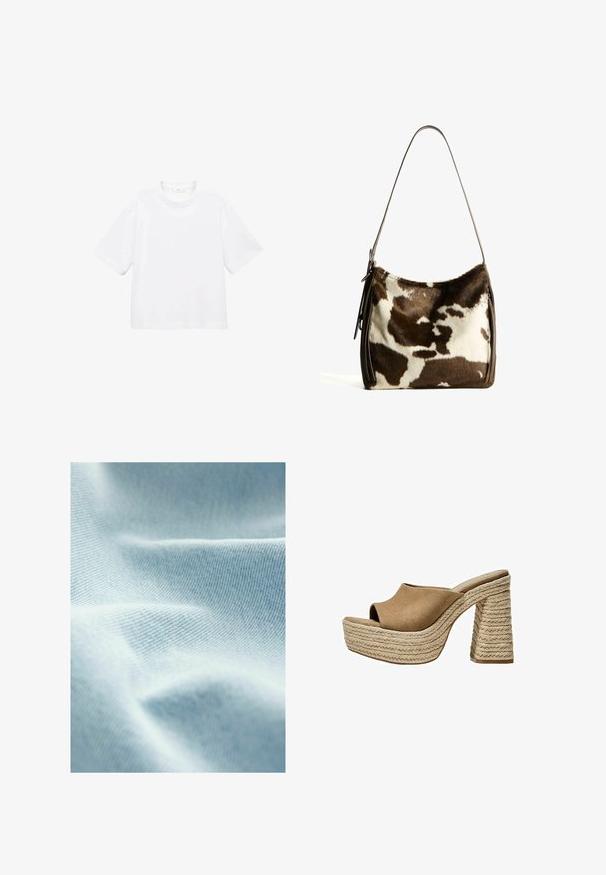 Bijela pamučna majica kratkih rukava s okruglim izrezom. Jednostavan dizajn, slobodan kroj, glatka tekstura. Nema vidljivih uzoraka ili akcenta.; Svijetloplavo platno s glatkom teksturom i finim dijagonalnim tkanjem, prikazuje blage nabore i suptilne varijacije u nijansi.; Smeđe antilopne platforme mule s otvorenom prstima, koje imaju čvrsti pleteni jutu potplat i glatki, zaobljeni gornji dizajn.; Smeđa i krem torba preko ramena od kravljeg krzna sa glatkim kožnim remenom, zatvaranjem na patentni zatvarač i mekom, teksturiranom površinom koja sadrži prirodan uzorak.
