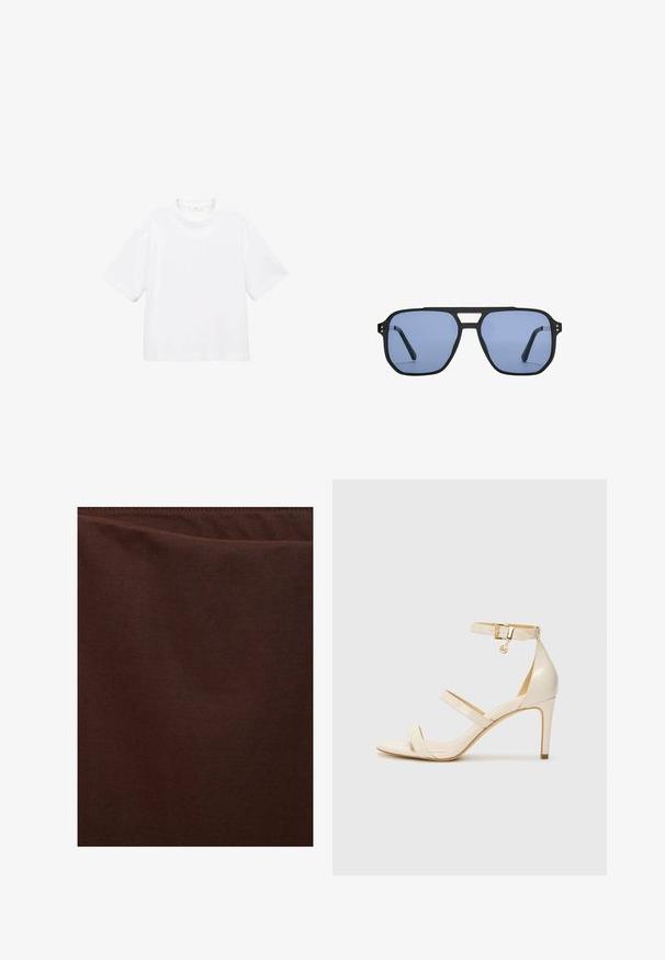 Bijela pamučna majica kratkih rukava s okruglim izrezom. Jednostavan dizajn, slobodan kroj, glatka tekstura. Nema vidljivih uzoraka ili akcenta.; Tamno smeđa tkanina, glatke teksture, blago sjajna površina, bez vidljivih uzoraka ili akcenta, karakterizira čista i jednostavna izrada.; Bež sandale na visoku petu s tankim remenom oko gležnja i dva gornja remena. Sjajan lakirani završetak i detalj zlatne boje na remenu oko gležnja.; Stradivarius RETRO - Sunčane naočale - light blue