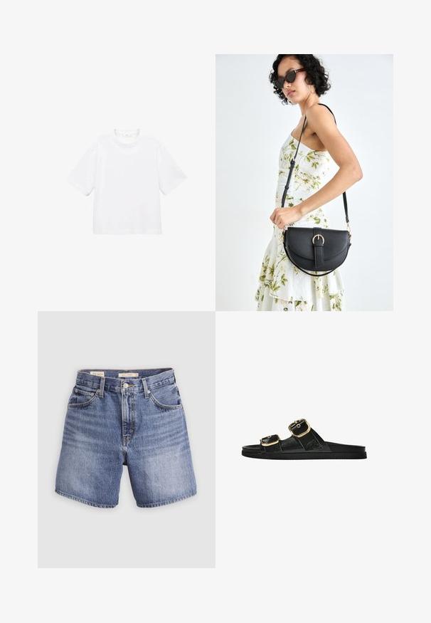 Tricou alb din bumbac, cu mânecă scurtă și guler rotund. Design simplu, croială lejeră, textură fină. Nu sunt vizibile modele sau accente.; Șorturi din denim în nuanță deschisă de albastru, cu talie înaltă, cinci buzunare, închidere cu fermoar și nasture. Croială simplă, clasică, cu picioare drepte.; Sandalie negre cu toc plat, cu două accente de cataramă aurie, din material texturat neted și design minimalist.; Geantă din piele neagră, cu o formă curbată, curea detașabilă și accesorii aurii. Geanta are un capac cu un detaliu tip cataramă.