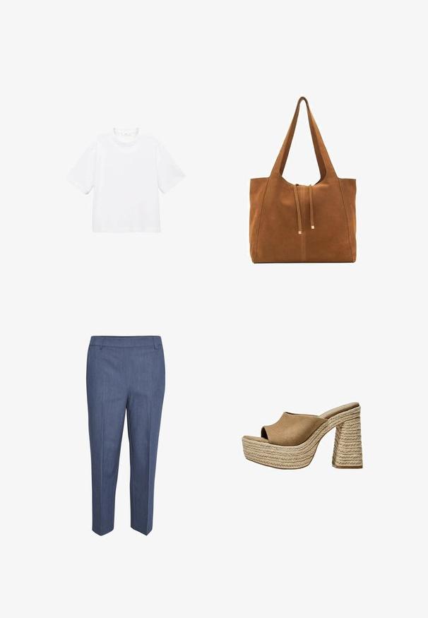 T-shirt bianca in cotone a maniche corte con scollatura rotonda. Design semplice, vestibilità ampia, texture liscia. Nessun motivo o accento visibile.; Pantaloni su misura in tessuto blu scuro con una sottile texture. Presentano una parte frontale piatta, gambe dritte e vita a media altezza. Nessuna tasca visibile.; Mule in suede marrone con platform e punta aperta, dotati di un tacco in juta intrecciata chunky e un design superiore liscio e arrotondato.; Borsa a tracolla in suede marrone con due lunghe cinghie, chiusura con cordoncino e design minimalista. Texture liscia e senza elementi hardware visibili.