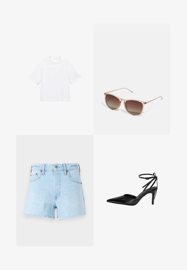 Bílý bavlněný tričko s krátkým rukávem a kulatým výstřihem. Jednoduchý design, volný střih, hladká textura. Žádné vzory ani zvýraznění nejsou viditelné.; Světlé modré džíny šortky s třepeným lemem, obsahující pět kapes, zapínání na knoflík a vyšívané detaily podél švů.; Černá vysoce podpatková bota s špičatou špičkou, výřezovým designem a nastavitelným kotníkovým páskem. Bota má hladký, lesklý povrch a štíhlý podpatek.; Hnědé sluneční brýle s gradientem, s průhledným růžovým rámem, čtvercovým tvarem a tenkými kovovými nohami. Charakterizovány zaoblenými hranami a minimálním zdobením.; Hnědá kožená kabelka zaobleného tvaru, se stříbrnými doplňky a dekorativním prošíváním. Disponuje popruhem na rameno a zapínáním na klips.