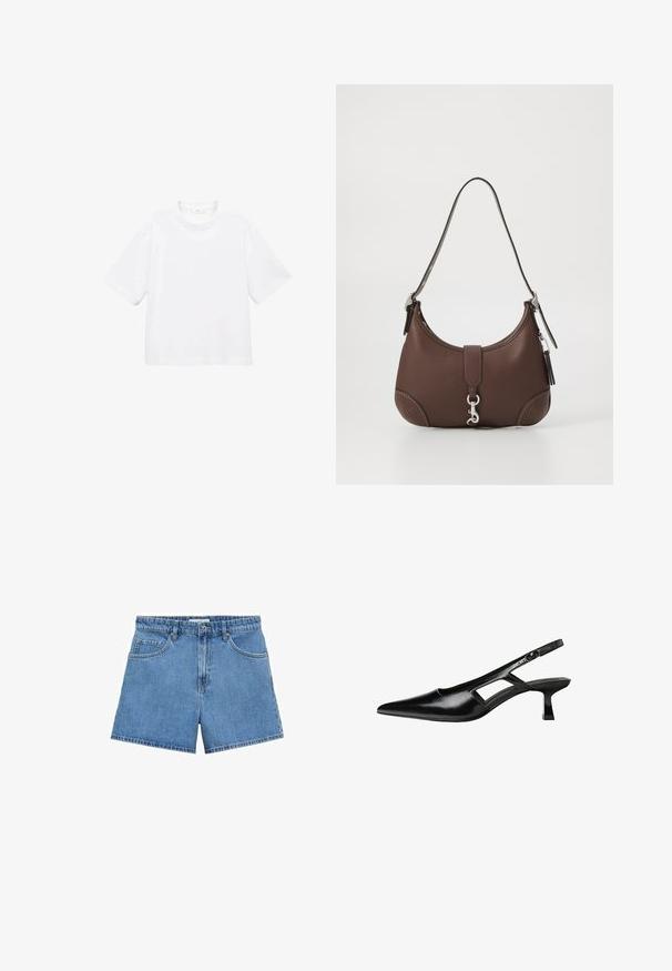 Bílý bavlněný tričko s krátkým rukávem a kulatým výstřihem. Jednoduchý design, volný střih, hladká textura. Žádné vzory ani zvýraznění nejsou viditelné.; Svetle modré denimové šortky s vysokým pasem, designem s pěti kapsami a zapínáním na knoflík. Rovný střih s čistým zakončením.; Černé lakované lodičky na podpatku se špičatou špičkou, výřezovým designem na boku a malým čtvercovým podpatkem. Hladká textura s minimálními akcenty.; Hnědá kožená kabelka zaobleného tvaru, se stříbrnými doplňky a dekorativním prošíváním. Disponuje popruhem na rameno a zapínáním na klips.