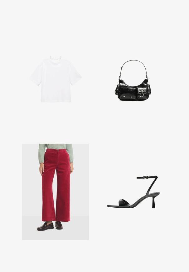 White cotton short-sleeve t-shirt with a round neckline. Simple design, loose fit, smooth texture. No patterns or accents visible.; Red corduroy wide-leg trousers with a smooth texture, featuring a front button closure and a high waist. Paired with dark loafers.; Bershka High heeled sandals - black; Black patent leather handbag with a curved shape, one shoulder strap, front pockets, and silver-tone hardware accents.
