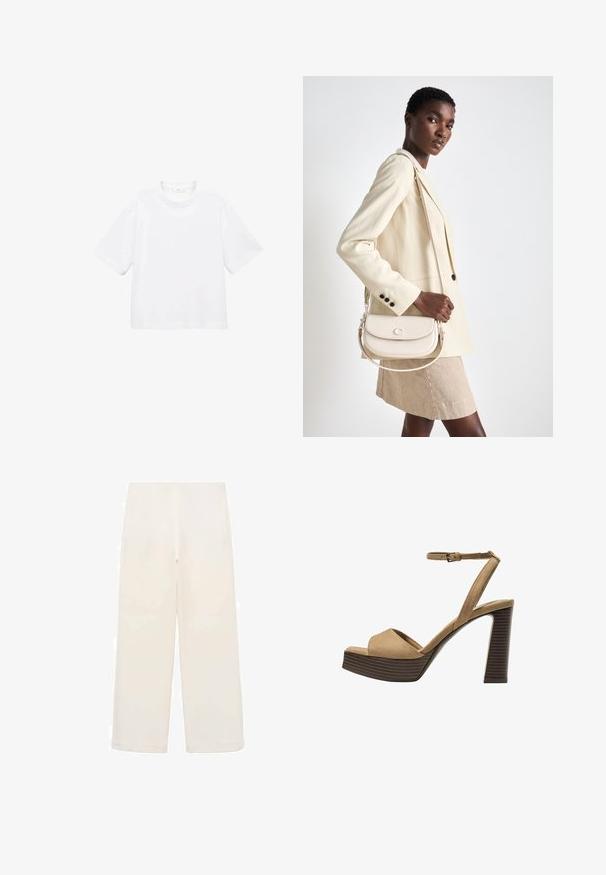 White cotton short-sleeve t-shirt with a round neckline. Simple design, loose fit, smooth texture. No patterns or accents visible.; Wide-leg trousers in cream fabric. Smooth texture with an elastic waistband. No visible seams or hardware. Simple, minimalist design.; Beige suede high-heeled sandals with a wide front strap and ankle strap, featuring a chunky wooden block heel with a textured finish.; COACH EMMY SADDLE BAG 23 - Handbag - chalk