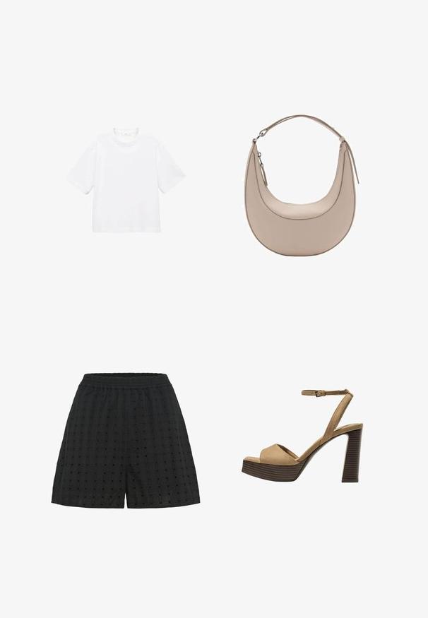 Bílý bavlněný tričko s krátkým rukávem a kulatým výstřihem. Jednoduchý design, volný střih, hladká textura. Žádné vzory ani zvýraznění nejsou viditelné.; Černé šortky s texturovanou tkaninou, která má mřížkový vzor a malé výřezy. Elastický pas pro pohodlí a flexibilitu.; Bežové semišové sandály na vysokém podpatku s širokým předním páskem a páskem kolem kotníku, s masivním dřevěným blokovým podpatkem s texturovaným povrchem.; Světle béžová kožená kabelka přes rameno s půlměsíčovým tvarem, hladkým povrchem a jedním zakřiveným uchopem. Obsahuje zipový uzávěr a upravené švy.