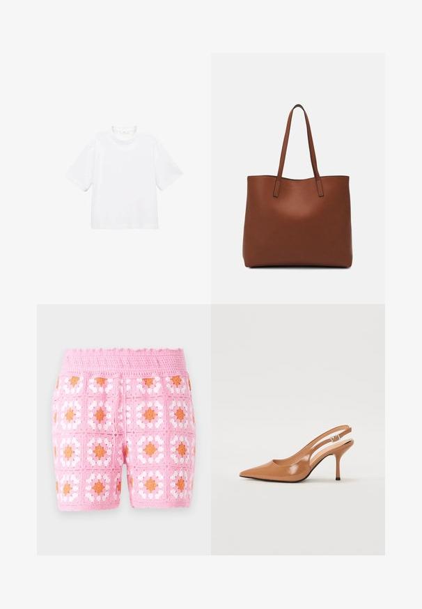 Witte katoenen t-shirt met korte mouwen en een ronde hals. Eenvoudig ontwerp, losse pasvorm, gladde textuur. Geen patronen of accenten zichtbaar.; Roze haakshorts met een vierkant patroon en witte en oranje accenten. Textiel met een golvende tailleband detail.; Puntige slingback hak in een glad, glanzend beige materiaal. Bevat een gebogen uitsnijdontwerp en een slanke stiletto hak. Zilveren gesp detail.; Bruine leren tote bag met een gladde textuur, een ontwerp met een open bovenkant en twee schouderbanden. Kenmerkt zich door minimale stiksels en geen zichtbare hardware.