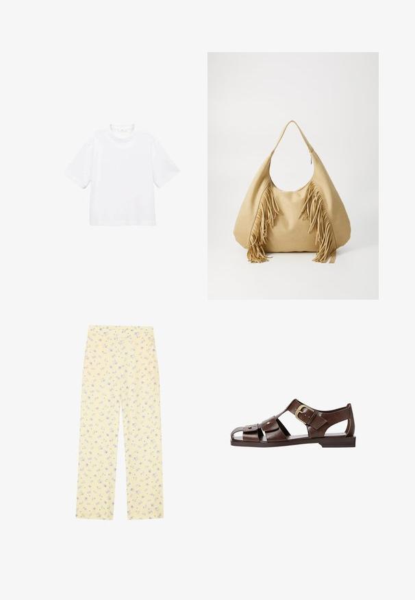 Biely bavlnený tričko s krátkym rukávom a okrúhlym výstrihom. Jednoduchý dizajn, voľný strih, hladká textúra. Žiadne vzory ani akcenty nie sú viditeľné.; Svetložlté široké nohavice s kvetinovým motívom v modrej farbe. Elastický pás, jemná textura a rovný strih navrhnutý pre pohodlie.; Hnedé kožené sandále s vyrezávaným dizajnom, nastaviteľnou bočnou sponou a plochou podrážkou, s kovovými akcentmi a otvorenou špičkou.; Svetlohnedá semišová kabelka cez rameno s veľkým otvorom a dlhými frnčami po oboch stranách, s hladkým textura a jedným uchom.