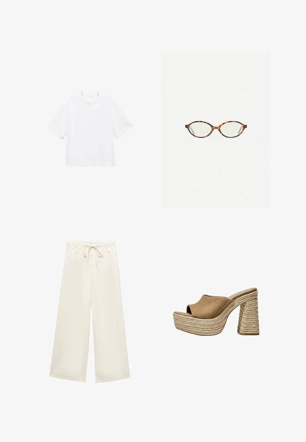 White cotton short-sleeve t-shirt with a round neckline. Simple design, loose fit, smooth texture. No patterns or accents visible.; Wide-leg, cream-colored pants made of lightweight fabric, featuring a drawstring waist and front pockets. Smooth texture, simple design.; Brown suede platform mules with an open toe, featuring a chunky braided jute heel and a smooth, rounded upper design.; Tortoiseshell eyeglasses with oval lenses and a sleek, smooth finish. Features thin sides with a subtle curve at the temples. Clear lenses.; Gold hoop earrings with a smooth, twisted design. Featuring elongated, free-flowing shapes and a polished finish. Minimalist style.
