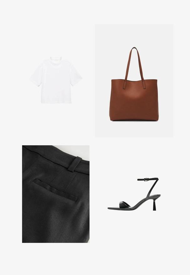 Tricou alb din bumbac, cu mânecă scurtă și guler rotund. Design simplu, croială lejeră, textură fină. Nu sunt vizibile modele sau accente.; Next RICH TAILORED JORT - Pantaloni scurți - black; Bershka Sandale cu toc - black; Geantă de umăr din piele maro cu o textură netedă, design cu vârf deschis și două curele pentru umăr. Prezintă cusături minime și fără componente metalice vizibile.