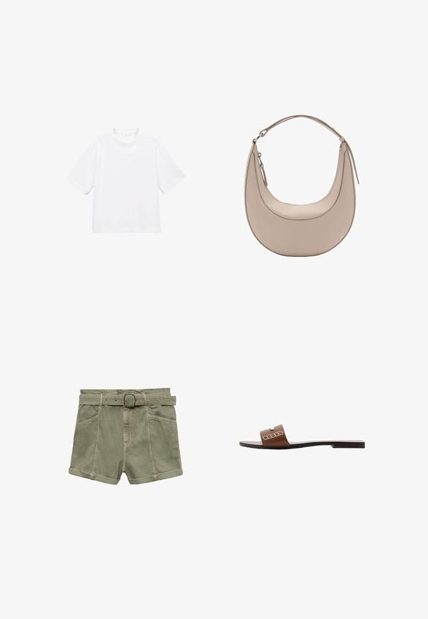 Tricou alb din bumbac, cu mânecă scurtă și guler rotund. Design simplu, croială lejeră, textură fină. Nu sunt vizibile modele sau accente.; Mango Pantaloni scurți din denim - khaki; Sandal cu talpă plată din piele maro, având o curea lată și accente geometrice albe pentru un design minimalist.; Geantă de umăr din piele bej, cu o formă de semilună, textură netedă și un singur mânere curbat. Dispune de o închidere cu fermoar și cusături bine realizate.