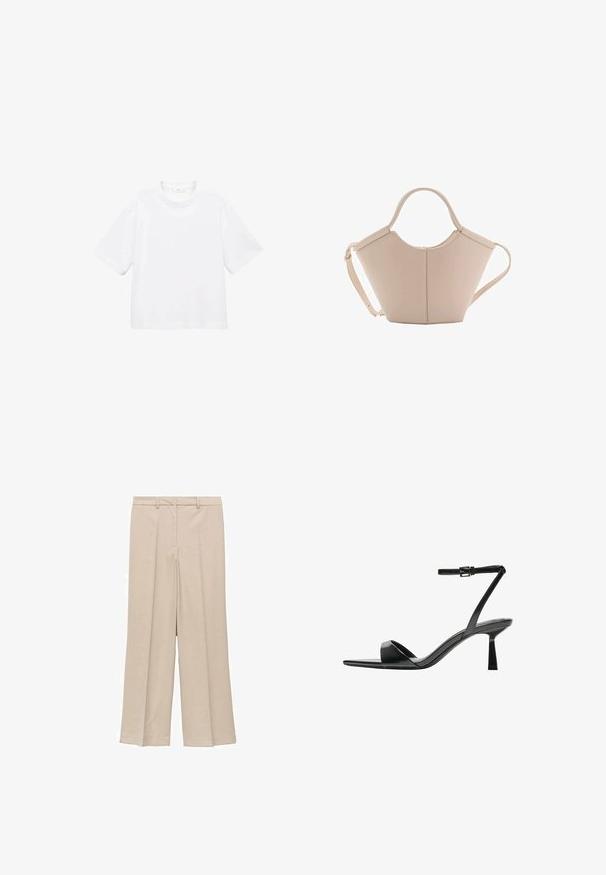 Biely bavlnený tričko s krátkym rukávom a okrúhlym výstrihom. Jednoduchý dizajn, voľný strih, hladká textúra. Žiadne vzory ani akcenty nie sú viditeľné.; Svetlo béžové široké nohavice s hladkou textúrou, s plisovaným predným dielom a bočnými vreckami, a s priliehavým pásom.; Bershka Sandále na vysokom opätku - black; Béžová kožená kabelka s unikátnym tvarom, vybavená dvoma krátkymi uchami a jedným dlhým nastaviteľným popruhom. Hladký povrch s minimálnym kovovým príslušenstvom.