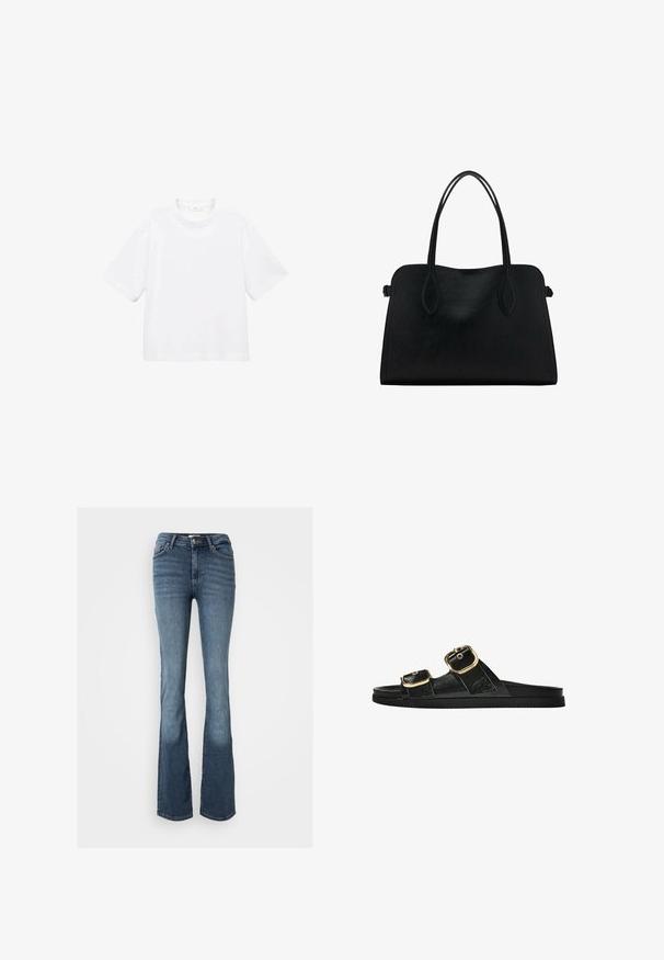 Bílý bavlněný tričko s krátkým rukávem a kulatým výstřihem. Jednoduchý design, volný střih, hladká textura. Žádné vzory ani zvýraznění nejsou viditelné.; Bootcut džíny vyrobené z modrého denimu. Mají středně vysoký pas, pět kapes, diskrétní prošívání a mírně vybledlý vzhled na nohách.; Černé kluzné sandály s dvěma zlatými sponami, hladkým texturovaným materiálem, plochou podrážkou a minimalistickým designem.; Černá kožená kabelka s dvojitými ramenními popruhy, obdélníkový tvar a minimalistický design na bílém pozadí.