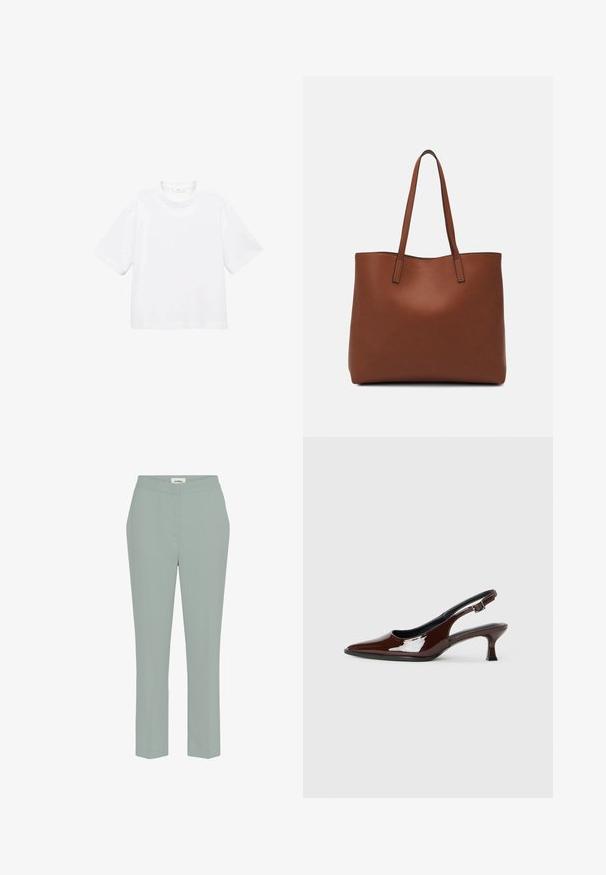 Tricou alb din bumbac, cu mânecă scurtă și guler rotund. Design simplu, croială lejeră, textură fină. Nu sunt vizibile modele sau accente.; Pantaloni drepti de culoare verde deschis, cu o textură fină și un talie medie, având cusături minime și fără buzunare vizibile.; Pantofii slingback din piele patent maro, cu vârful ascuțit și un toc moderat. Prezintă o curea cu prindere pentru o potrivire sigură. Textură netedă.; Geantă de umăr din piele maro cu o textură netedă, design cu vârf deschis și două curele pentru umăr. Prezintă cusături minime și fără componente metalice vizibile.