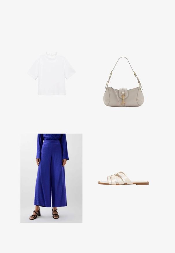 White cotton short-sleeve t-shirt with a round neckline. Simple design, loose fit, smooth texture. No patterns or accents visible.; Wide-leg trousers in vibrant blue fabric featuring a subtle pattern, with a flat waistband and paired with strappy black block-heeled sandals.; Flat sandals with a tan rubber sole, designed with three overlapping white leather straps and a small bow detail at the center.; Light gray leather handbag with a curved shape, gold hardware, a front clasp, and stitched detailing. Adjustable shoulder strap included.