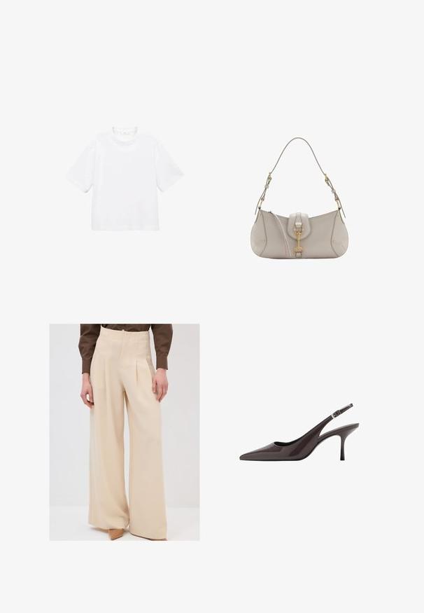 T-shirt blanc en coton à manches courtes avec un col rond. Design simple, coupe décontractée, texture lisse. Aucun motif ni accent visible.; Pantalon large beige avec une taille haute, des plis à l'avant et une texture lisse, associé à des talons de couleur claire.; Talons aiguilles slingback en cuir verni marron foncé, avec un talon haut élancé et une sangle de cheville réglable avec une boucle.; Sac à main en cuir gris clair avec une forme courbée, ferrures dorées, un fermoir avant et des détails de couture. Bandoulière ajustable incluse.