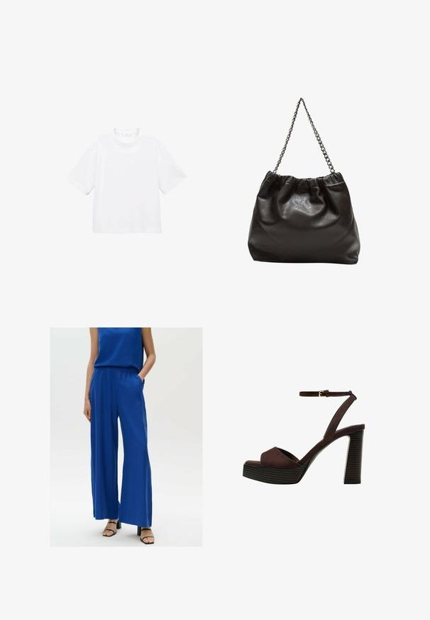 Bijela pamučna majica kratkih rukava s okruglim izrezom. Jednostavan dizajn, slobodan kroj, glatka tekstura. Nema vidljivih uzoraka ili akcenta.; Plave široke hlače s elastičnom gumom u struku i bočnim džepovima, izrađene od lagane tkanine. Uparene s crnim sandalama sa remenčićima.; Smeđe zamšaste sandale s visokim potpeticama, otvorenim prstima, podesivom trakicom oko gležnja i prugastom platformom.; Smeđa kožna torba s naboranim vrhom i lančićem za nošenje. Glatka tekstura s sjajnim završetkom i suptilnim šavnim detaljima sa strane.