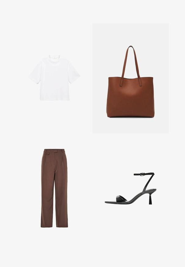 Weißes Baumwoll-T-Shirt mit kurzen Ärmeln und rundem Ausschnitt. Einfaches Design, lockere Passform, glatte Textur. Keine Muster oder Verzierungen sichtbar.; Braune gewobene weit geschnittene Hosen mit hohem Bund, Vorderfalten und einem Knopfdetail. Glatte Textur mit maßgeschneidertem Design.; Bershka High Heel Sandalette - black; Braune Leder-Tote mit glatter Textur, offenem Oberteil und zwei Schulterriemen. Verfügt über minimale Nähte und keine sichtbaren Beschläge.