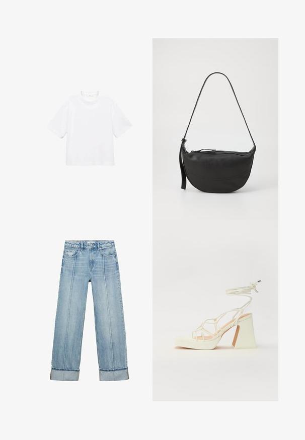 Tricou alb din bumbac, cu mânecă scurtă și guler rotund. Design simplu, croială lejeră, textură fină. Nu sunt vizibile modele sau accente.; Jeans din denim bleu deschis, cu croi larg și talie înaltă, având cinci buzunare, cusături vizibile și margini răsucite la manșete.; Sandale albe cu toc înalt și gros, cu un design cu curele și legătură la gleznă. Textură netedă, cu o platformă frontală pentru înălțime suplimentară.; Geantă de umăr din piele neagră, cu formă curbată, curea unică, închidere cu fermoar și detalii subtile de cusătură pe corp.