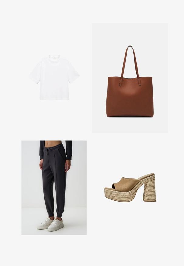 Witte katoenen t-shirt met korte mouwen en een ronde hals. Eenvoudig ontwerp, losse pasvorm, gladde textuur. Geen patronen of accenten zichtbaar.; Jimmy Key HIGH WAIST JOGGER - Trainingsbroek - anthracite; Bruine suède platform mules met een open teen, voorzien van een stevige gevlochten jute hak en een glad, rond ontwerp aan de bovenkant.; Bruine leren tote bag met een gladde textuur, een ontwerp met een open bovenkant en twee schouderbanden. Kenmerkt zich door minimale stiksels en geen zichtbare hardware.