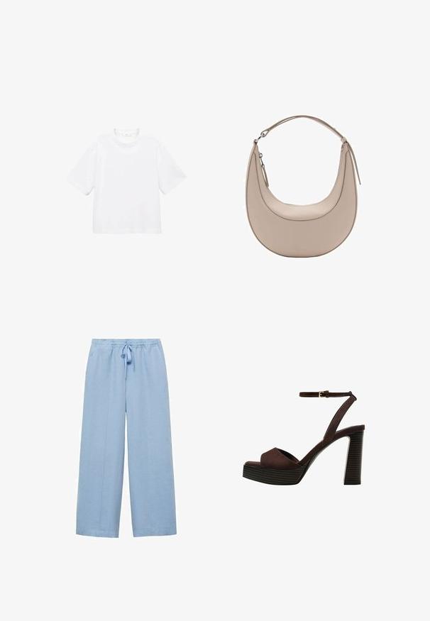 Witte katoenen t-shirt met korte mouwen en een ronde hals. Eenvoudig ontwerp, losse pasvorm, gladde textuur. Geen patronen of accenten zichtbaar.; Mango Broek - light blue; Bruine suède high-heeled sandaal met een open teen, verstelbare enkelband en een gestreepte plateauzool.; Beige leren schoudertas met een halve maanvorm, een soepele textuur en een enkele gebogen handgreep. Voorzien van een ritssluiting en nette stiksels.