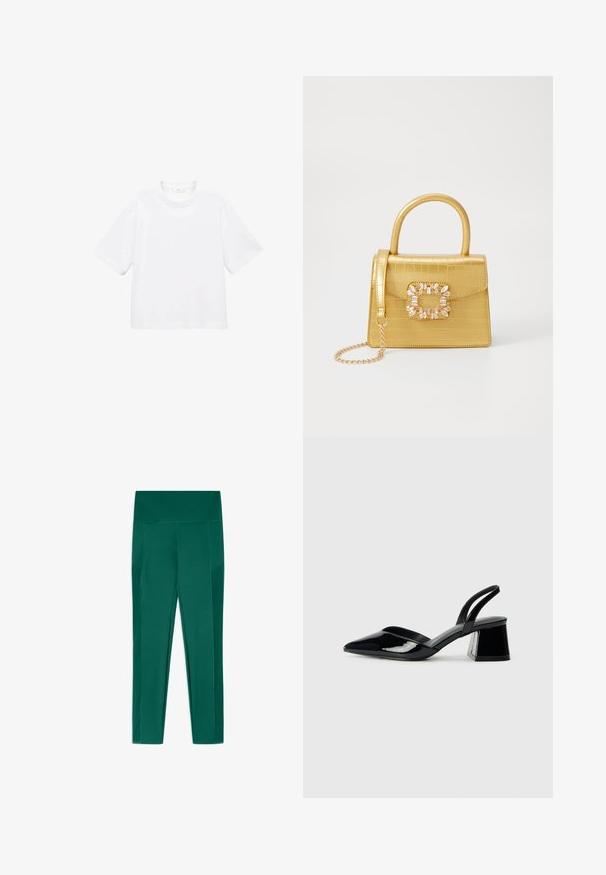 Bílý bavlněný tričko s krátkým rukávem a kulatým výstřihem. Jednoduchý design, volný střih, hladká textura. Žádné vzory ani zvýraznění nejsou viditelné.; Zelené legíny vyrobené z elastického materiálu, s vysokým pasem a bočními kapsami, s hladkou texturou a přiléhavým střihem.; Černé lakované kožené lodičky na pásku s špičatou špičkou a geometrickým blokovým podpatkem. Vyznačují se elegantním, minimalistickým designem a hladkým povrchem.; Žlutá kabelka z umělé krokodýlí kůže se strukturovaným designem, horním uchopem, odnímatelným řetízkovým popruhem a dekoračním krystalovým zdobením na zapínání.; Náušnice ve zlatém tónu s texturovanými, vlnitými tvary. Obsahují sochařské klipy a design otevřeného kruhu s kladivkovým povrchem.