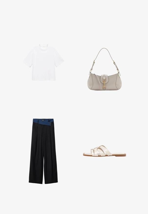 Bijela pamučna majica kratkih rukava s okruglim izrezom. Jednostavan dizajn, slobodan kroj, glatka tekstura. Nema vidljivih uzoraka ili akcenta.; Crne široke hlače s vertikalnim prugama i kontrastnim plavim trakom od denima u struku koji sadrži dva dugmeta. Mekana tekstura tkanine.; Ravne sandale s smeškom od gume, dizajnirane s tri preklapajuće bele kožne trake i malim detaljem mašne u sredini.; Svijetlosiva kožna torba s zakrivljenim oblikom, zlatnim hardverom, prednjim kopčanjem i prošivenim detaljima. Uključena je podesiva naramenica.