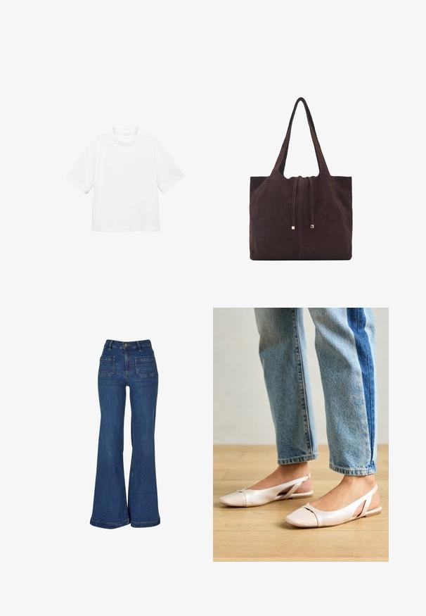 Weißes Baumwoll-T-Shirt mit kurzen Ärmeln und rundem Ausschnitt. Einfaches Design, lockere Passform, glatte Textur. Keine Muster oder Verzierungen sichtbar.; Hoch geschnittene, ausgestellte Jeans aus dunkelblauem Denim, mit fünf Taschen, gelben Nähten und einem Knopfverschluss an der Taille.; Blassrosa Slingback-Ballerinas mit spitzem Punkt, aus einem glatten, lederähnlichen Material. Mit Ausschnitten an den Seiten und einem flachen Absatz.; Mango Shopping Bag - dark brown
