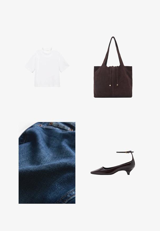 Biely bavlnený tričko s krátkym rukávom a okrúhlym výstrihom. Jednoduchý dizajn, voľný strih, hladká textúra. Žiadne vzory ani akcenty nie sú viditeľné.; Denimová tkanina v tmavomodrej farbe, s hladkou textúrou a jemnými variáciami tkania, doplnená kontrastným šitím.; Tmavo hnedá kožená topánka s úzkym špičatým prstom a malým podpätkom, s tenkým remienkom okolo členku a malou zlatou prackou.; Mango Veľká kabelka - dark brown