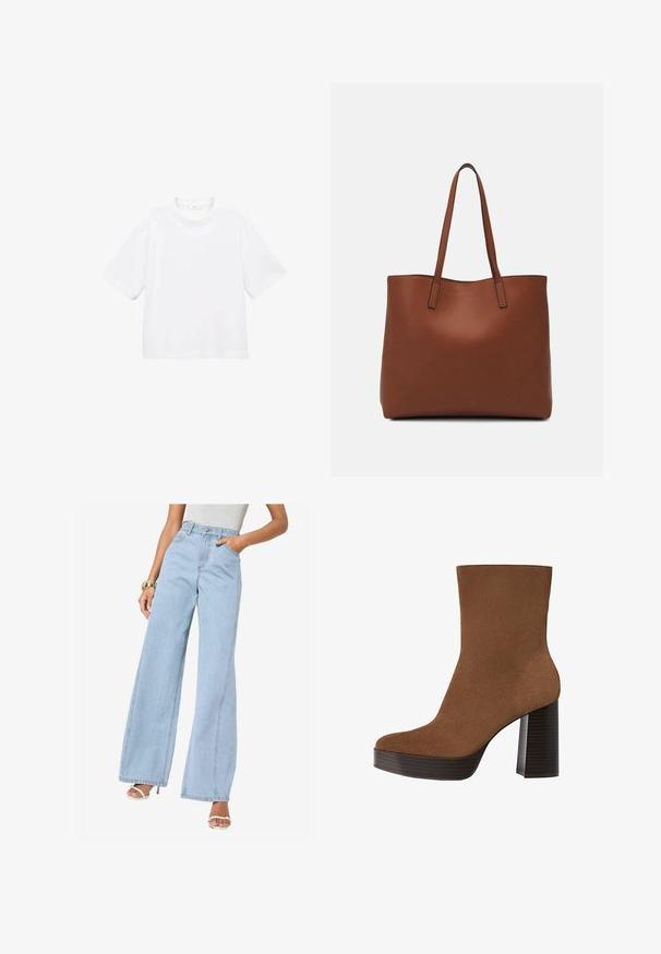 Bílý bavlněný tričko s krátkým rukávem a kulatým výstřihem. Jednoduchý design, volný střih, hladká textura. Žádné vzory ani zvýraznění nejsou viditelné.; Světle modré široké džíny s vysokým pasem, předními kapsami a podélným švem, vyrobené z denimu s jemnou texturou.; Hnědé semišové kotníkové boty s kulatou špičkou, robustním černým pruhovaným podpatkem a hladkým povrchem. Mají přiléhavý design bez viditelného kování.; Hnědá kožená taška přes rameno s hladkou texturou, otevřeným designem a dvěma ramenními popruhy. Obsahuje minimální švy a žádné viditelné kovové prvky.