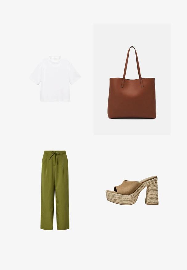 Witte katoenen t-shirt met korte mouwen en een ronde hals. Eenvoudig ontwerp, losse pasvorm, gladde textuur. Geen patronen of accenten zichtbaar.; Olijfgroene, wijde broeken met verticale strepen, strik taille en voorplooien; gladde textuur en taps toelopende boorden bij de enkels.; Bruine suède platform mules met een open teen, voorzien van een stevige gevlochten jute hak en een glad, rond ontwerp aan de bovenkant.; Bruine leren tote bag met een gladde textuur, een ontwerp met een open bovenkant en twee schouderbanden. Kenmerkt zich door minimale stiksels en geen zichtbare hardware.