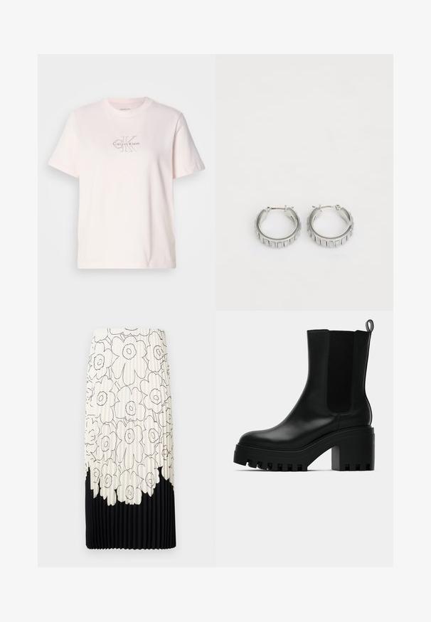 Világos rózsaszín pamut póló kerek nyakkal, ezüst hímzett "Calvin Klein" logóval és diszkrét "CK" mintával a mellrészen.; Ráncokkal ellátott szoknya fekete-fehér virágmintával, világos felső része virágokkal, az alján pedig egyszínű fekete szegéllyel.; Fekete bőr bokacsizma kerek orral, tömzsi platform talppal és hálós oldalsó részletekkel. Könnyen felhúzható húzófüllel rendelkezik.; Ezüst fülbevalók, texturált mintával, függőleges barázdákkal. Kerek forma, biztos záródással. Sima felület.