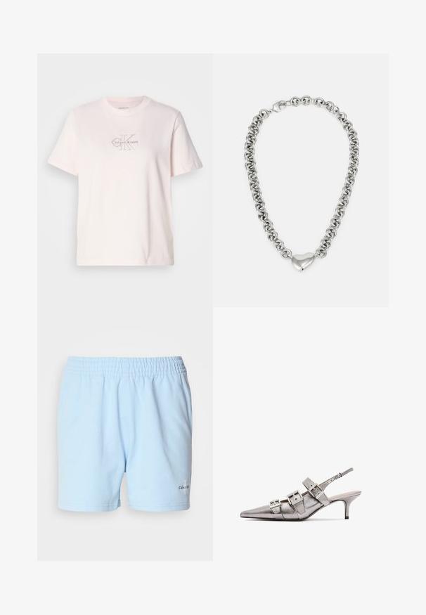 Gaiši rozā kokvilnas T-krekls ar apaļu kaklu, ar sudraba izšūtu "Calvin Klein" logo un smalku "CK" dizainu uz krūšu.; Gaiši zili šorti ar elastīgu jostu, pieslēdzot "Calvin Klein" logotipu tuvumā apakšmalai, attēloti uz neitrāla fona.; Metāliski sudraba siksnāju papēži ar smailu purngalu, kas satur trīs platas siksniņas un kvadrātveida metāla sprādzes. Spīdīga tekstūra un tievs papēdis.; Sudraba ķēdes kaklarota ar savstarpēji savienotiem apaļiem gredzeniem un pulētu sirds formas akcentu centrā. Iekļauta droša aizdare.