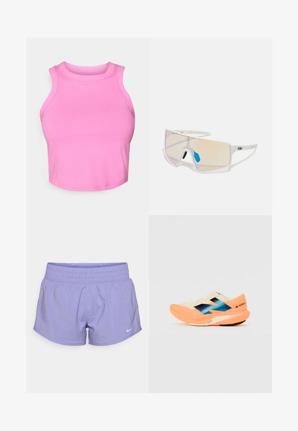 Top cropped rosa com um decote alto e design sem mangas. Feito de um tecido liso e elástico, sem padrões ou acessórios visíveis.; Calções atléticos roxos com uma cintura elástica, feitos de um tecido leve, apresentando um pequeno logótipo branco da Nike na parte inferior da frente.; Sapatilha de corrida com um cabedal leve em creme, marcação azul e detalhes laranja na sola. Textura em malha para maior respirabilidade.; Óculos de sol com armação branca e grandes lentes degradê, apresentando um tom que vai do rosa ao laranja claro, realçados por um apoio nasal azul e detalhe do logótipo.