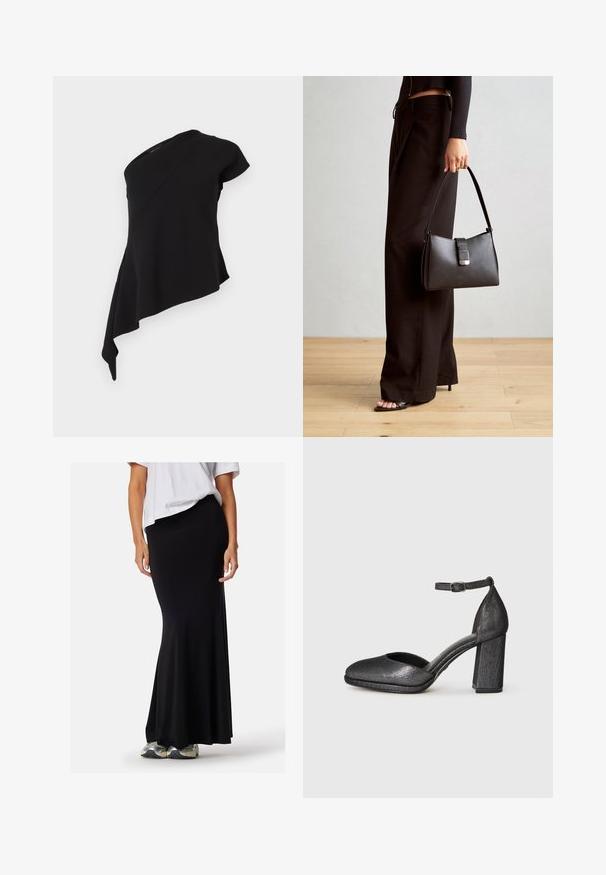 Zwarte asymmetrische top met één korte mouw en een vloeiende drapering aan één kant, tegen een witte achtergrond.; Zwarte stretchy maxirok, strakker bij de taille, uitlopend aan de onderkant. Gecombineerd met een losse witte top en grijze sportschoenen.; Zwarte gestructureerde hak schoen met een ronde neus, enkelbandje en een blokhak. Het materiaal heeft een lichte glans en een gladde afwerking.; Zwarte handtas met gestructureerde vorm, gladde textuur en een metalen sluiting. Gecombineerd met brede zwarte broeken en sandalen met open teen op een houten vloer.