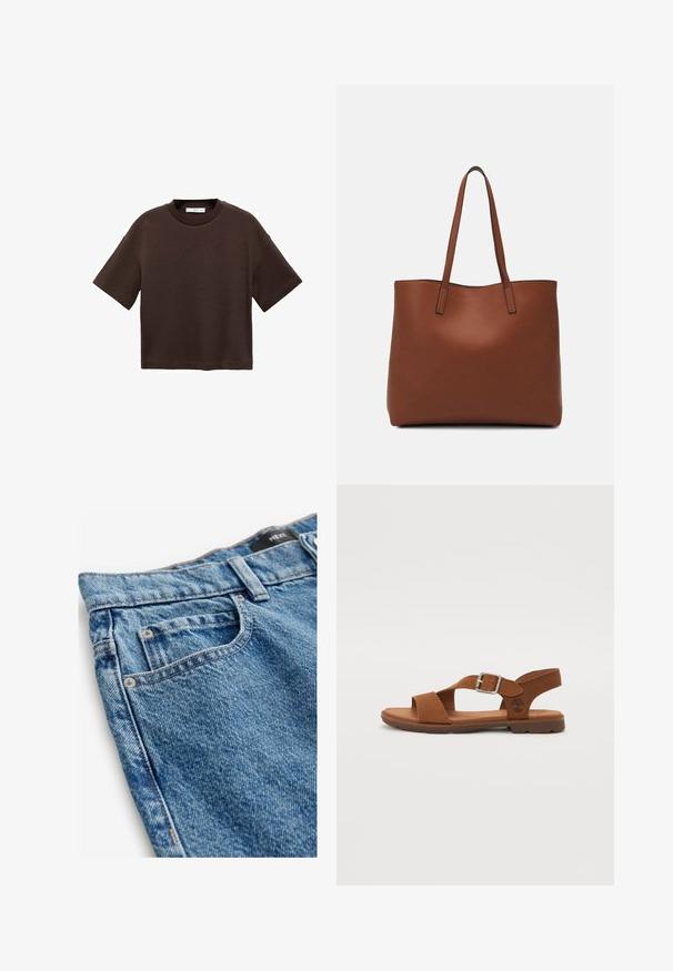 Brun kortärmad t-shirt i mjuk bomull. Har en rund halsringning och en boxig passform, med en slät textur och inga synliga mönster.; Jeans i denim i mellanblått med en blekt textur. Funktioner inkluderar fem fickor, kopparnitar och sömnadsdetaljer längs sömmarna.; Brun lädersandal med justerbart spänne, öppen tå, vadderad fotbädd och gummisula. Enkelt design med en sidologotyp.; Brun läder tote-väska med en slät textur, öppen toppdesign och två axelremmar. Har minimal söm och ingen synlig metalldetalj.