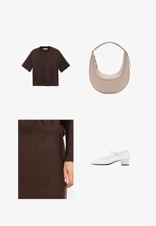 Hnedé tričko s krátkym rukávom vyrobené z mäkké bavlny. Má okrúhly výstrih a voľný strih, s hladkou textúrou a bez viditeľných vzorov.; Tmavozhnedý pletený sveter s ribovanými manžetami a spodným okrajom, ktorý má jemný lesk. Materiál vyzerá mäkko a má textúru. Viditeľná je jedna ruka.; Biele lakované kožené topánky typu Mary Jane s okrúhlou špičkou, stredne vysokým masívnym opätkom a nastaviteľným remienkom so striebornou sponou.; Béžová kožená taška cez rameno s polkruhovým tvarom, hladkou textúrou a jedným zakriveným uchom. Obsahuje zipsové uzatváranie a úhľadné švy.