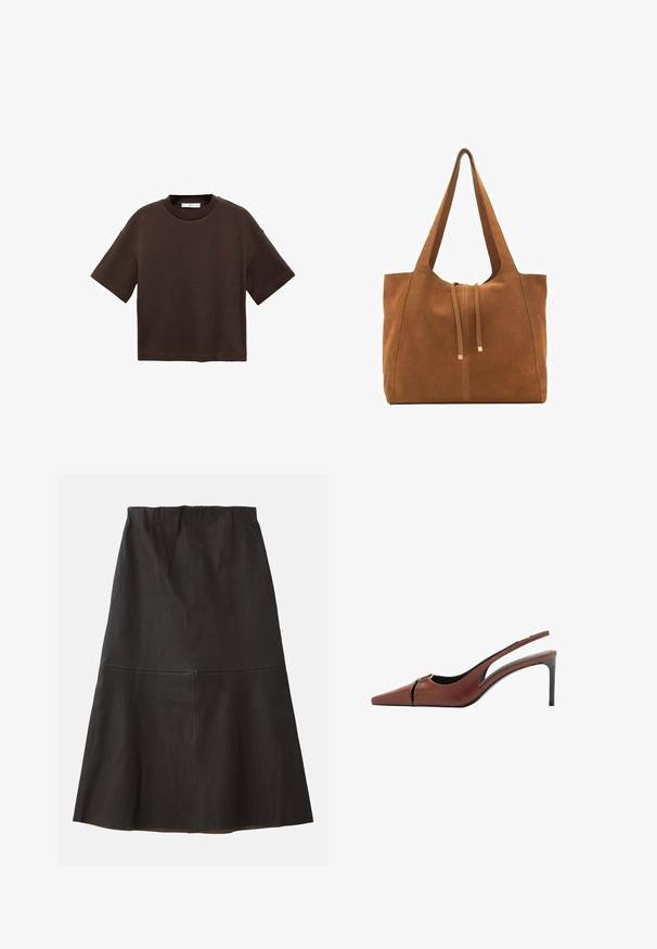 Brun kortærmet t-shirt lavet af blød bomuld. Har en rund halsudskæring og en boxy pasform, med en glat tekstur og ingen synlige mønstre.; Sort, knælængde A-formet nederdel lavet af glat, tekstureret stof. Har en mellemhøj talje og en subtil sømdetalje.; Brun læder slingback hæl med spids tå, udskæring ved vampen og en elegant stiletto hæl. Glat tekstur.; Brun ruskinds-tote med to lange stropper, snørelukning og minimalistisk design. Glat tekstur og ingen synlige hardware-detaljer.