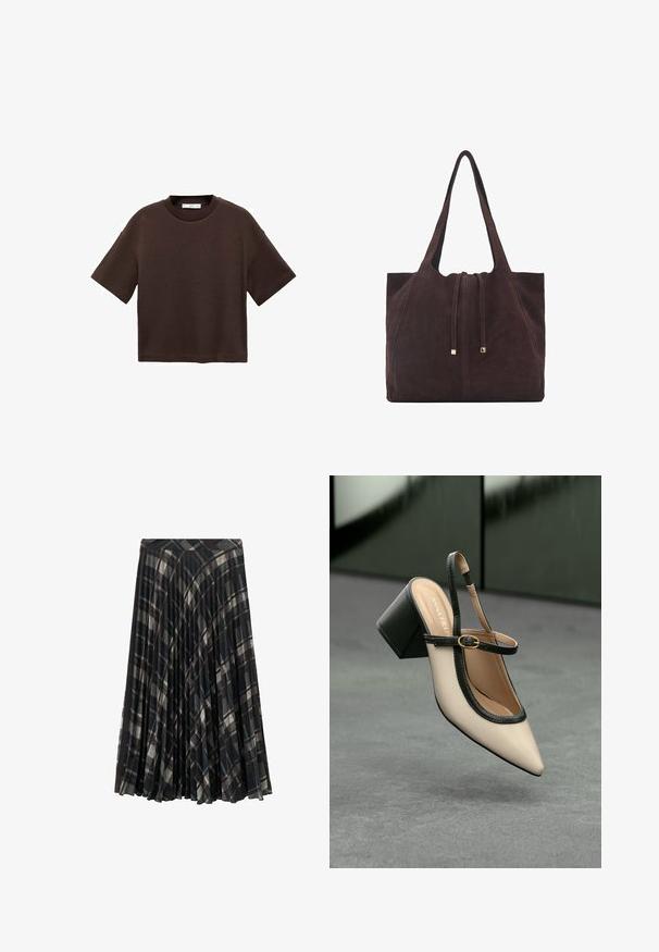 Smeđi kratki rukav majica od mekog pamuka. Ima okrugli izrez i širok kroj, s glatkom teksturom i bez vidljivih uzoraka.; Crna plisirana midi suknja s kariranim uzorkom u sivim i bež tonovima, s pripijenim pojasom i mekanom teksturom.; Bež cipele s otvorenom petom i šiljastim vrhom, crnim obrubom, zlatnom kopčom i debelim blok-petom na sivom podu s tamnozelenom pozadinom.; Mango Velika torba - dark brown