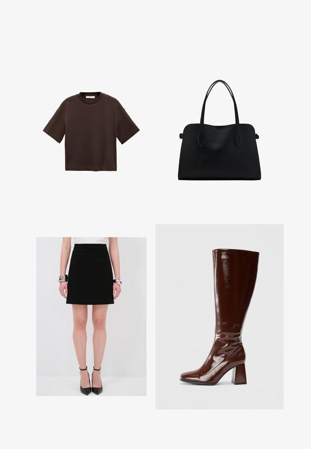 Bruine T-shirt met korte mouwen, gemaakt van zachte katoen. Heeft een ronde halslijn en een recht model, met een gladde textuur en geen zichtbare patronen.; Zwarte A-lijn rok met een gladde textuur, aansluitende taille en subtiele zijnaad. Gepaard met glanzende zwarte stilettohakken en zilveren armbanden.; Kniehoge bruine laarzen van gepatenteerd leer met een vierkante neus, glanzende afwerking en een chunky hak voor stabiliteit. Naadloos ontwerp zonder zichtbare hardware.; Zwarte leren handtas met dubbele schouderriemen, rechthoekige vorm en minimalistisch ontwerp op een witte achtergrond.