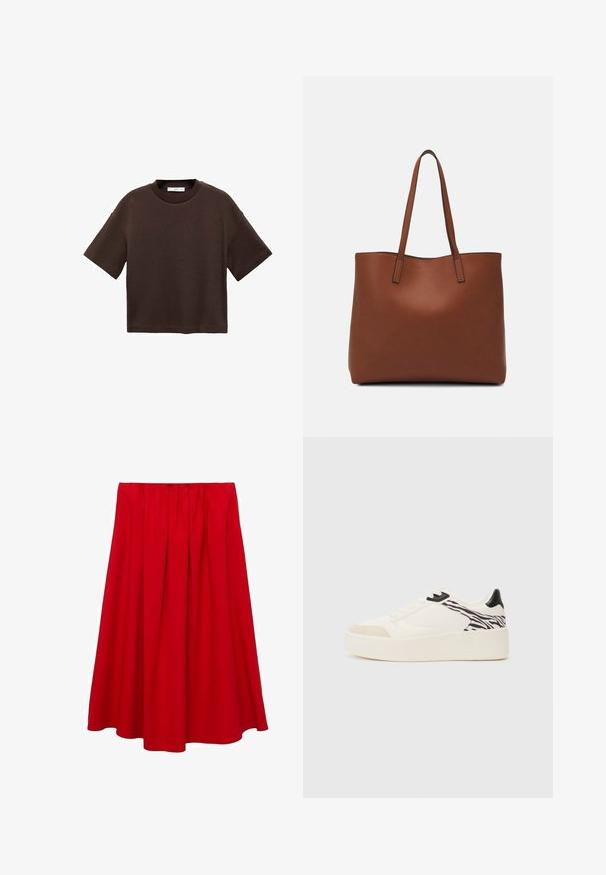 Bruine T-shirt met korte mouwen, gemaakt van zachte katoen. Heeft een ronde halslijn en een recht model, met een gladde textuur en geen zichtbare patronen.; Rode, knielange rok met een geraffineerde tailleband en een vloeiende A-lijn ontwerp. Gemaakt van een gladde stof zonder zichtbare patronen of accenten.; Even&Odd Sneakers laag - white/black; Bruine leren tote bag met een gladde textuur, een ontwerp met een open bovenkant en twee schouderbanden. Kenmerkt zich door minimale stiksels en geen zichtbare hardware.