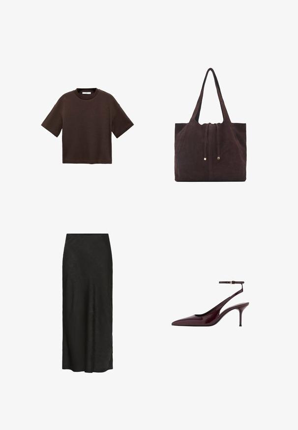 Brown short-sleeve t-shirt made of soft cotton. Features a round neckline and a boxy fit, with a smooth texture and no visible patterns.; Black, floor-length skirt made of textured fabric. Features a smooth waistband, slight drape, and minimal design without additional details.; Burgundy patent leather pointed-toe slingback pump with thin ankle strap and mid-height stiletto heel on white background.; Mango Tote bag - dark brown