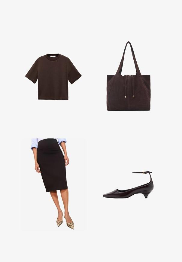 Brun kortärmad t-shirt i mjuk bomull. Har en rund halsringning och en boxig passform, med en slät textur och inga synliga mönster.; Svart pennkjol i slätt tyg, midja till vaden, i kombination med spetsiga klackar i ormskinn, med en elegant silhuett.; Mörkbrun spetsig läderkattklackssko med en tunn ankelrem och en liten guldkopp.; Mango Shoppingväska - dark brown