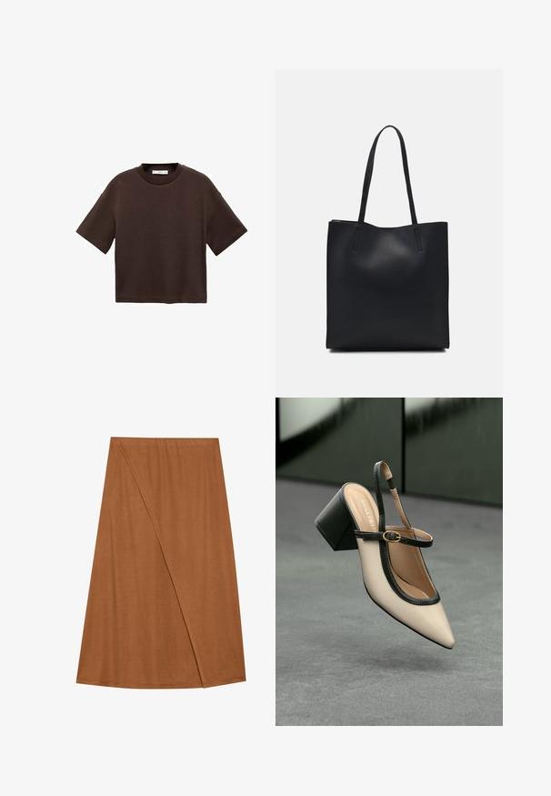 Tricou scurt cu mânecă scurtă, de culoare maro, fabricat din bumbac moale. Are un decolteu rotund și o croială tip boxy, cu o textură netedă și fără modele vizibile.; Fustă înzălată de culoare maronie, până la genunchi, fabricată dintr-un material moale. Prezintă un design asimetric cu un detaliu pe cusătura laterală și o textură netedă.; Pantof divers în nuanță bej, cu vârf ascuțit, curea de susținere în spate, cu margine neagră, cataramă aurie și toc gros pe un podea gri, cu un fundal verde închis.; Geantă tote neagră din piele, cu textură netedă, formă rectangulară și două mânere lungi. Fără hardware vizibil sau ornamente.
