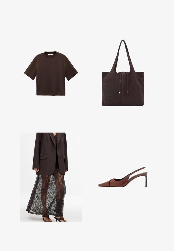 Hnedé tričko s krátkym rukávom vyrobené z mäkké bavlny. Má okrúhly výstrih a voľný strih, s hladkou textúrou a bez viditeľných vzorov.; Nadrozmerný hnedý blejzer cez priesvitnú čiernu čipkovanú sukňu s kvetinovými vzormi, v kombinácii s čiernymi sandálmi na podpätku.; Hnedé kožené sandále na podpätku so špicatou špičkou, výrezom na priehlavku a elegantným stiletto podpätkom. Hladká textura.; Mango Veľká kabelka - dark brown