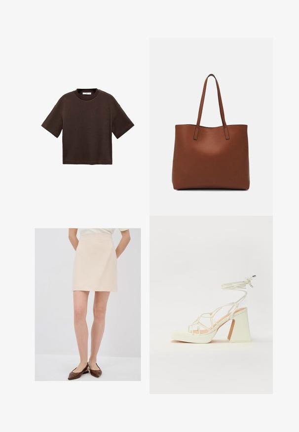 Brązowa koszulka z krótkim rękawem, wykonana z miękkiej bawełny. Posiada okrągły dekolt i luźny krój, charakteryzuje się gładką fakturą i brakiem widocznych wzorów.; Jasno beżowa mini spódnica o teksturowanym wykończeniu, o prostej sylwetce i elastycznym pasku w talii, zestawiona z brązowymi butami wsuwanymi.; Biała sandał na wysokim obcasie z masywnym słupkiem, z paskowym wzorem i wiązaniem przy kostce. Gładka faktura z platformą z przodu dla dodatkowej wysokości.; Brązowa skórzana torba tote o gładkiej fakturze, z otwartym wierzchem i dwoma ramiączkami. Charakteryzuje się minimalnym przeszyciem i brakiem widocznych elementów metalowych.